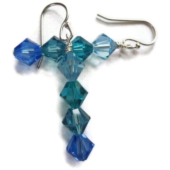 Caribbean Teal Blue Swarovski Crystal Beaded Sterling Silver Dangle Earrings - Picture 4 of 4